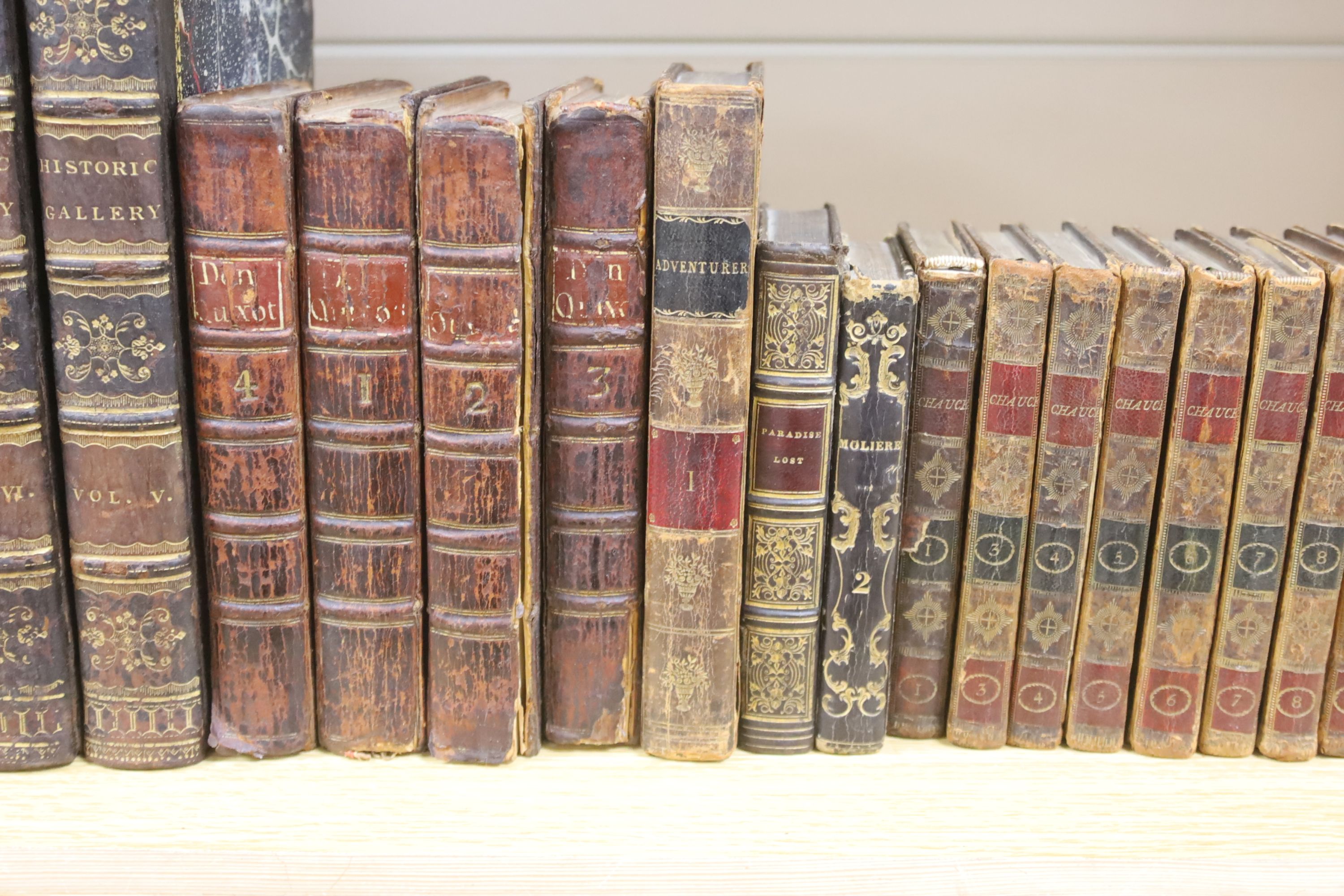 A collection of leather bound books including: 7 volumes Historic Gallery, 13 volumes Chaucer, 4 volumes Don Quixote and 6 mixed volume